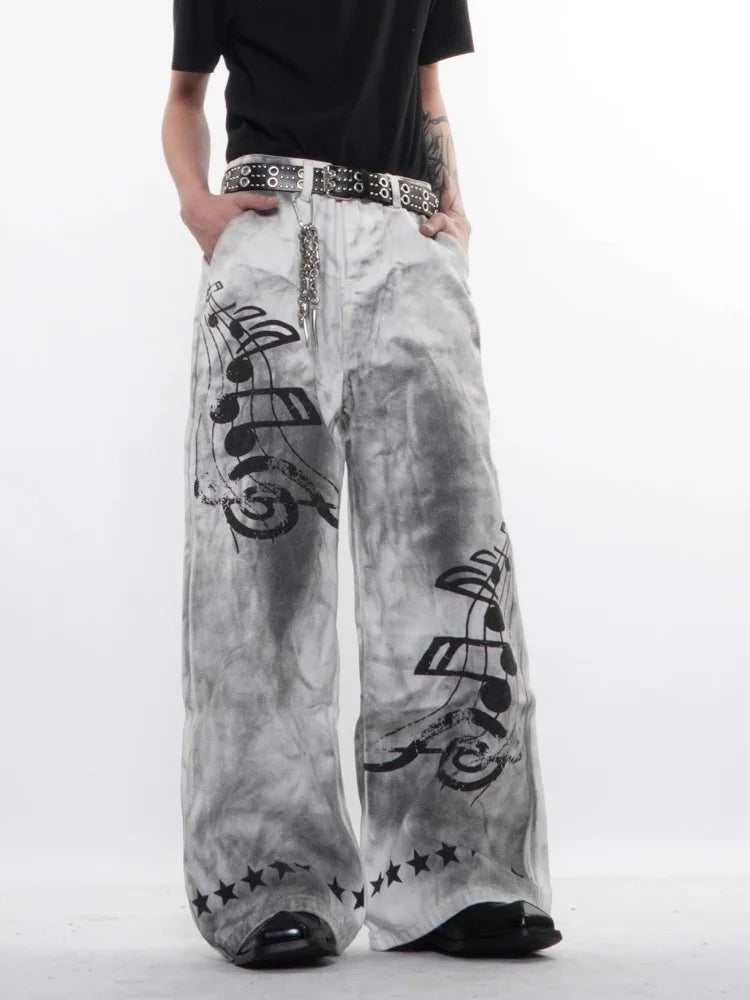 STORESDE 2026 American Retro Y2K Style Dirty Washed White Baggy Jeans Pants For Men Clothing Star Printed Straight Cotton Long Trousers