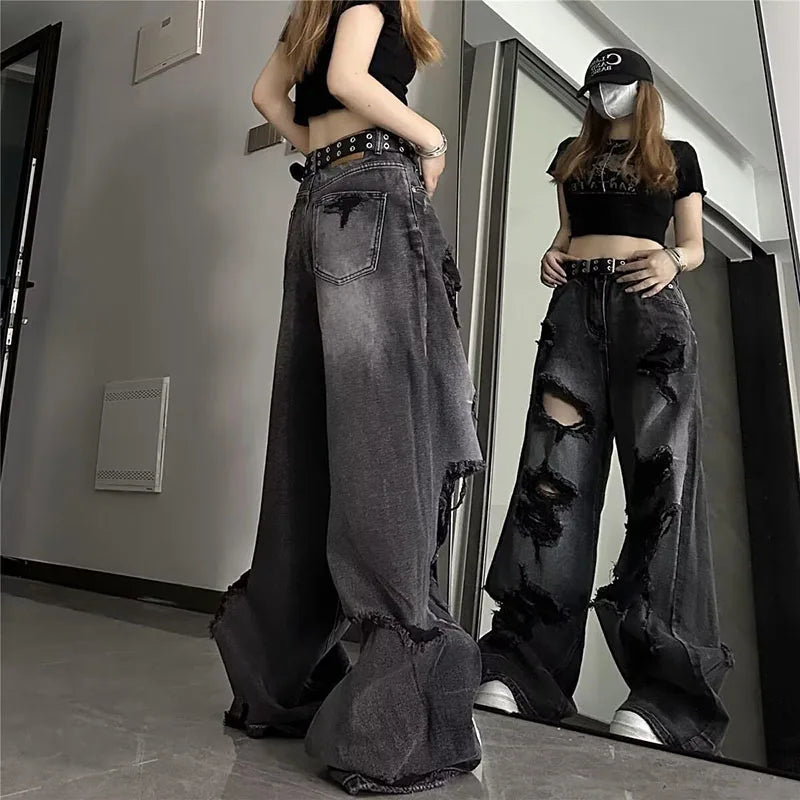 STORESDE High Street Vintage Black Ripped Jeans Fashion Wide Leg Pants Women'S High Waisted Straight Leg Pants Baggy Pants Y2k Jeans