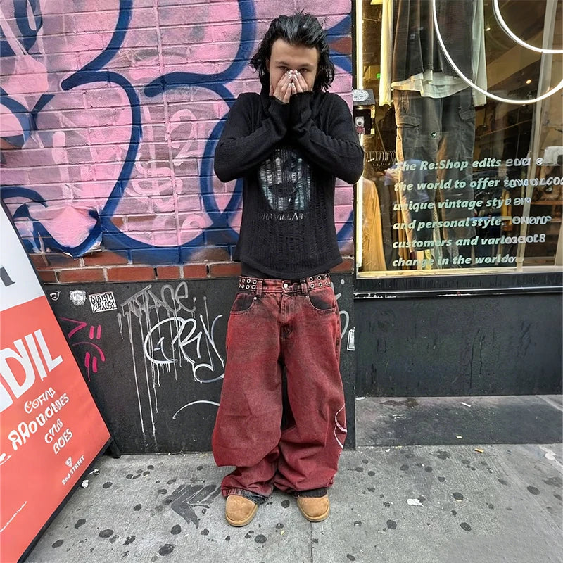 STORESDE Y2K Casual Loose Jeans Vintage Letter Print Rivet Waist Belt Design Red High Waist Wide Leg Jeans Men Women Hip Hop Streetwear