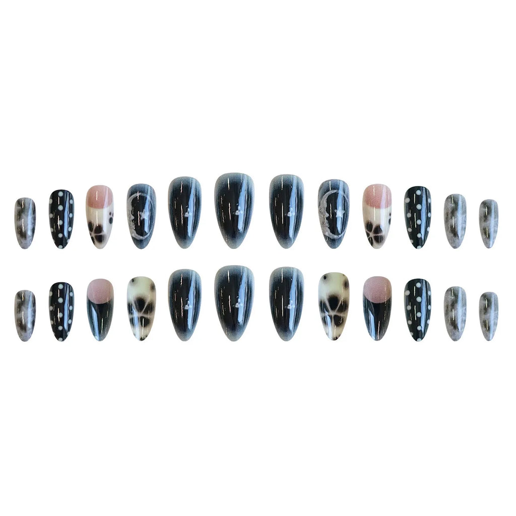 STORESDE 24pcs Smudging Flower Press On Nails Wave Point Designs French Style Almond False Nails Y2k Sweet Cool Fake Nail For Spicy Girls
