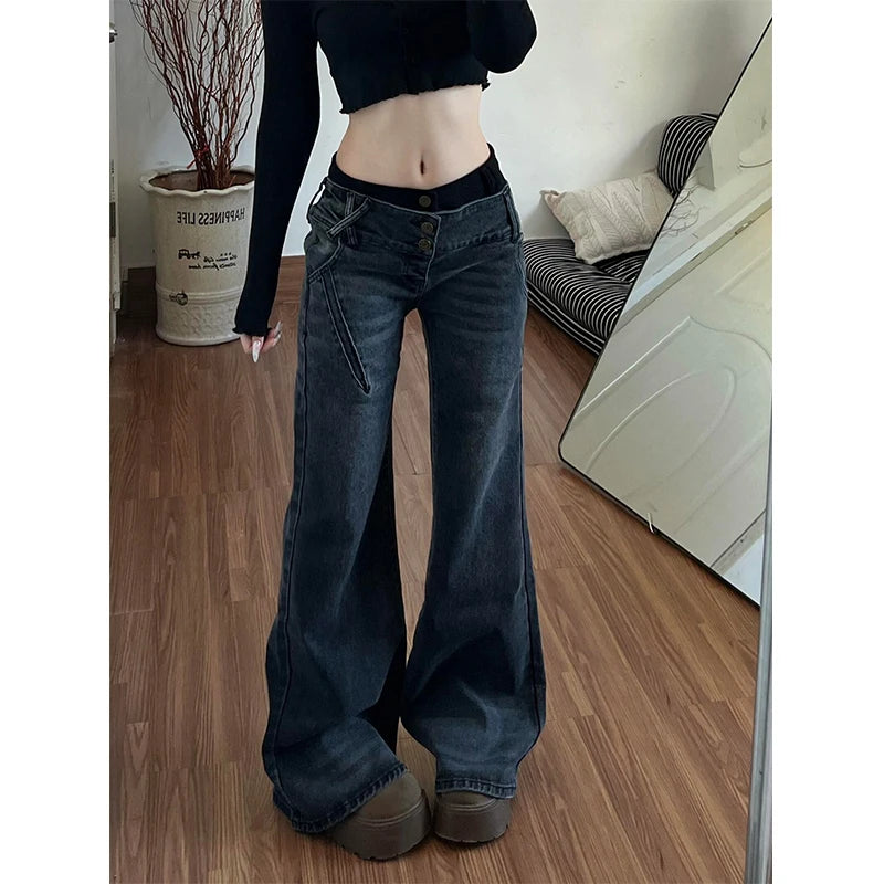 STORESDE American Retro Low Waisted Jeans for Women's New Style Loose and Personalized Spicy Girl Design Washed Micro Flared Pants