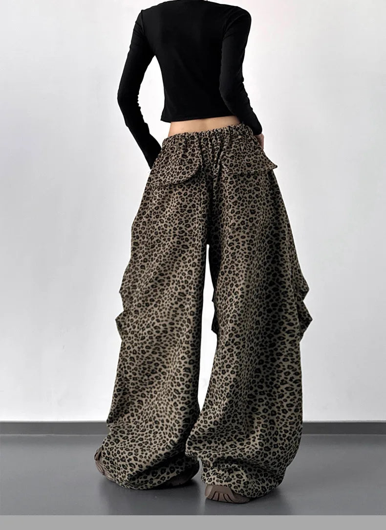 STORESDE Leopard Print Fleece Wide Leg Pants For Women Autumn Winter American Casual Fashion Retro Pleated Thicken Trousers