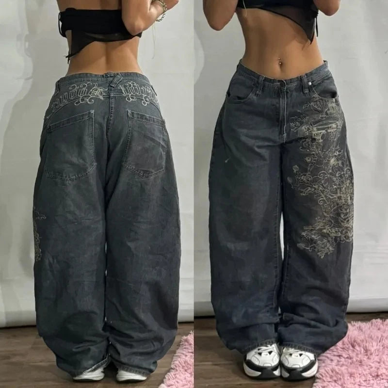 STORESDE American New Fashion Letter Embroidery Stitching Old Baggy Jeans Women Y2K Harajuku  Popular High Waist Wide Leg Trousers