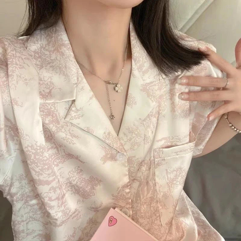 STORESDE Women's 2pcs Cute Print Short Sleeve Button Top and Shorts Pink Sleepwear Soft Comfy Homewear Casual Loungewear Pajama Set