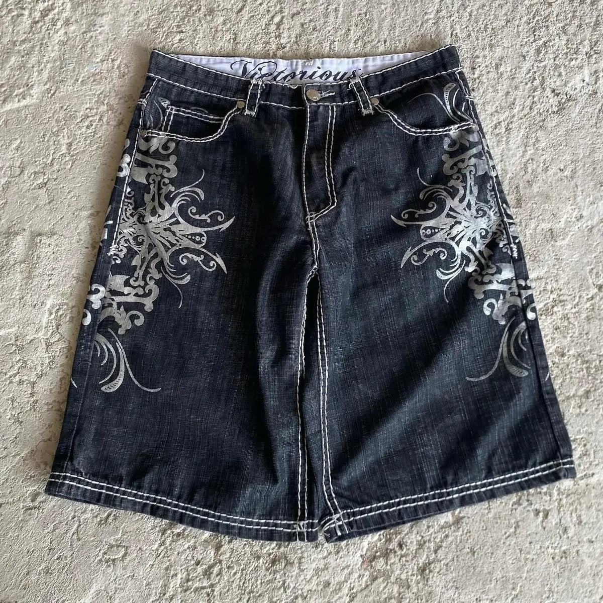 STORESDE New Streetwear American Denim Shorts Mens Womens Hip Hop Embroidery Printed Loose Shorts Gothic Retro Casual Basketball Shorts