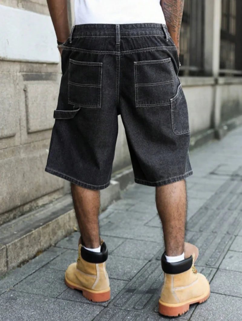 STORESDE Men's Summer Black-Grey Loose Baggy Denim Shorts
