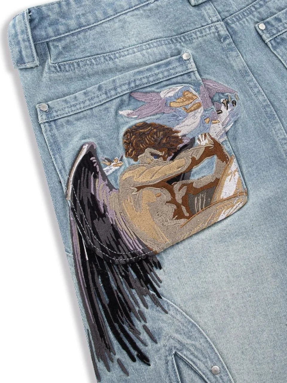 STORESDE Y2K Black Baggy Cargo Jeans Men Horse Back Pocket Embroidery Cursive Wild Ride Distressed Cut Out Wide Leg Casual Denim Trouser