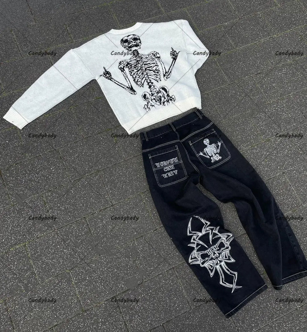 STORESDE New National Tide Couples American Raw Edge Stone Mill Washed Jeans Y2K Gothic Punk Style Loose Straight Tube Make Old Trousers