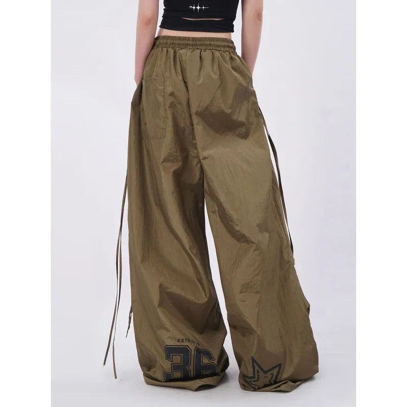 STORESDE American street quick drying retro military green work pants irregular design fake two-piece drawstring pleated casual pants
