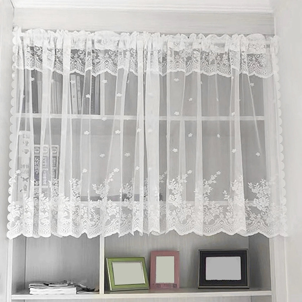 STORESDE 1PC White Short Lace Curtain,Cute Floral Pattern Kitchen Valance,Window Valances Pastoral Tulle Voile Home Decor Kitchen Door