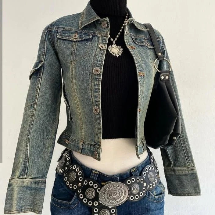 STORESDE Y2K Light Blue Harajuku Sexy Slim Fit Denim Jacket Women Clothing  Goth Punk Collar Short Zip Up Jacket Multi Pockets Denim Coat