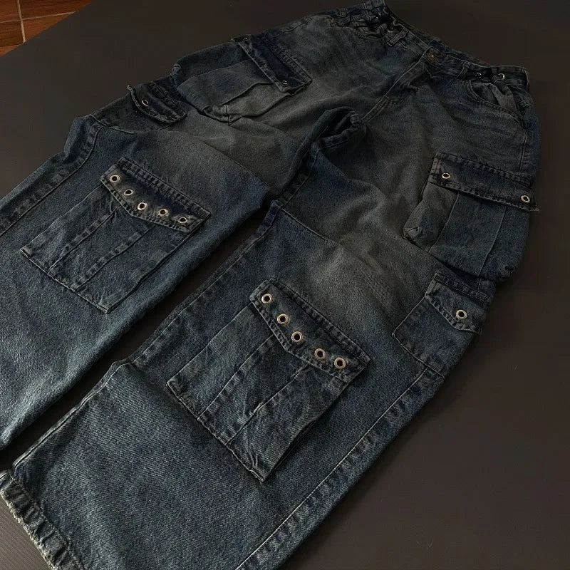 STORESDE Street Fashion New Old Washed Heavy Work Jeans Women Y2K Gothic Harajuku Hip Hop Popular Joker Couple High Waist Wide Leg Pants