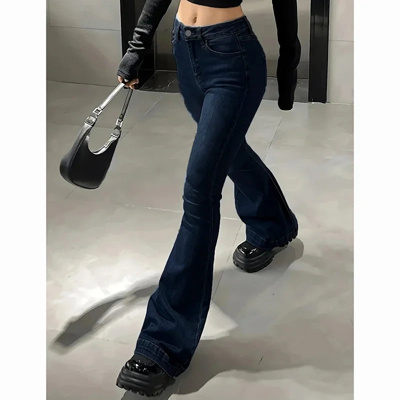 STORESDE 2025 Girls Concise Ins High Waist Flared Jeans Female Stretchy Bootcut Denim Pants Women Solid Color Thin Bell Bottoms Trousers