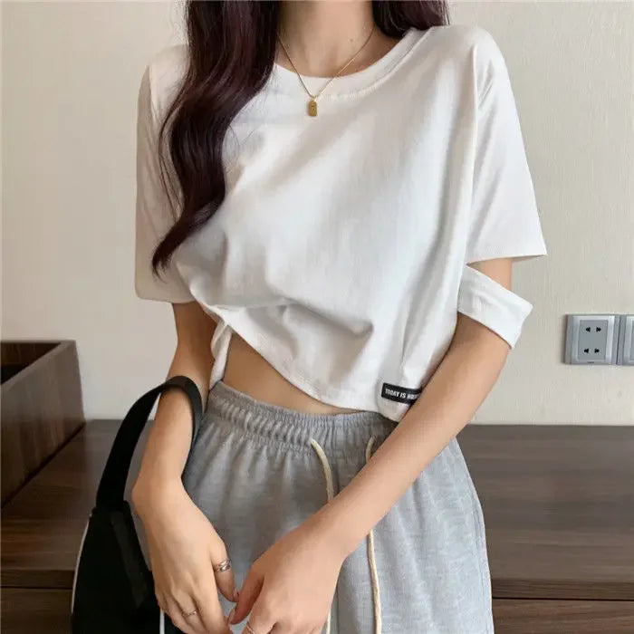 STORESDE New Style Sensible Design Short Sleeve Women's T-Shirt Summer Korean Trendy Niche Cropped High-Waisted Exposed Midsection Loose-