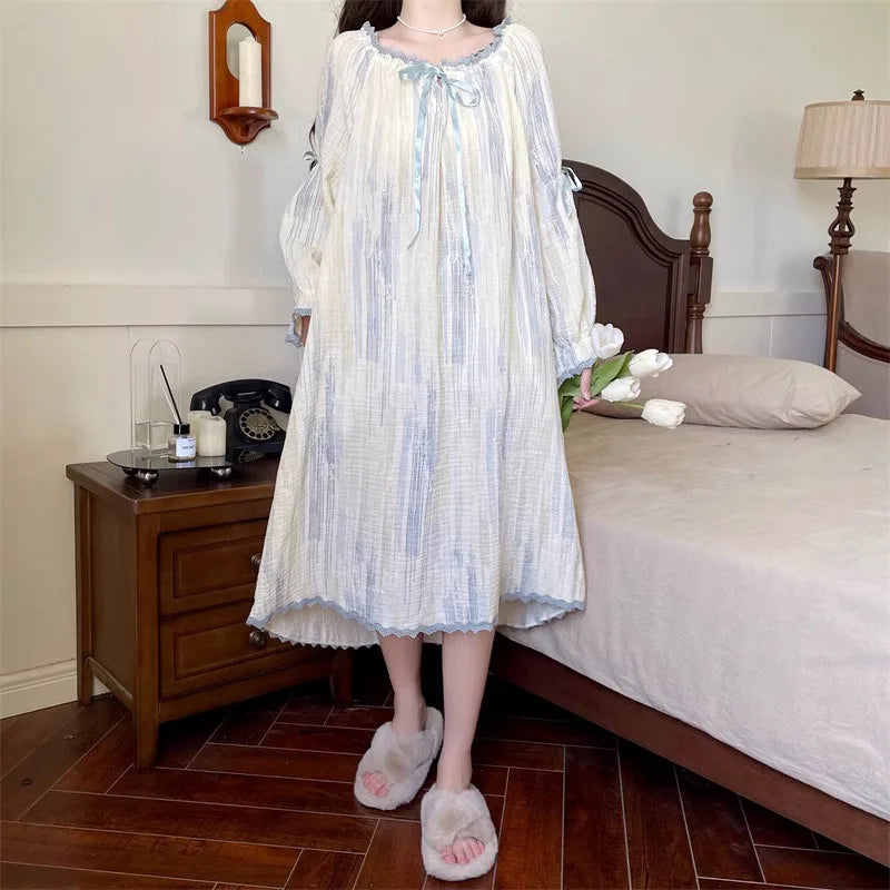 STORESDE Women Pajamas Dress Princess Style Sweet Long Sleeve Nightdress Round Neck Wide Striped Bow Cute Girly Midi Dress Night Wear