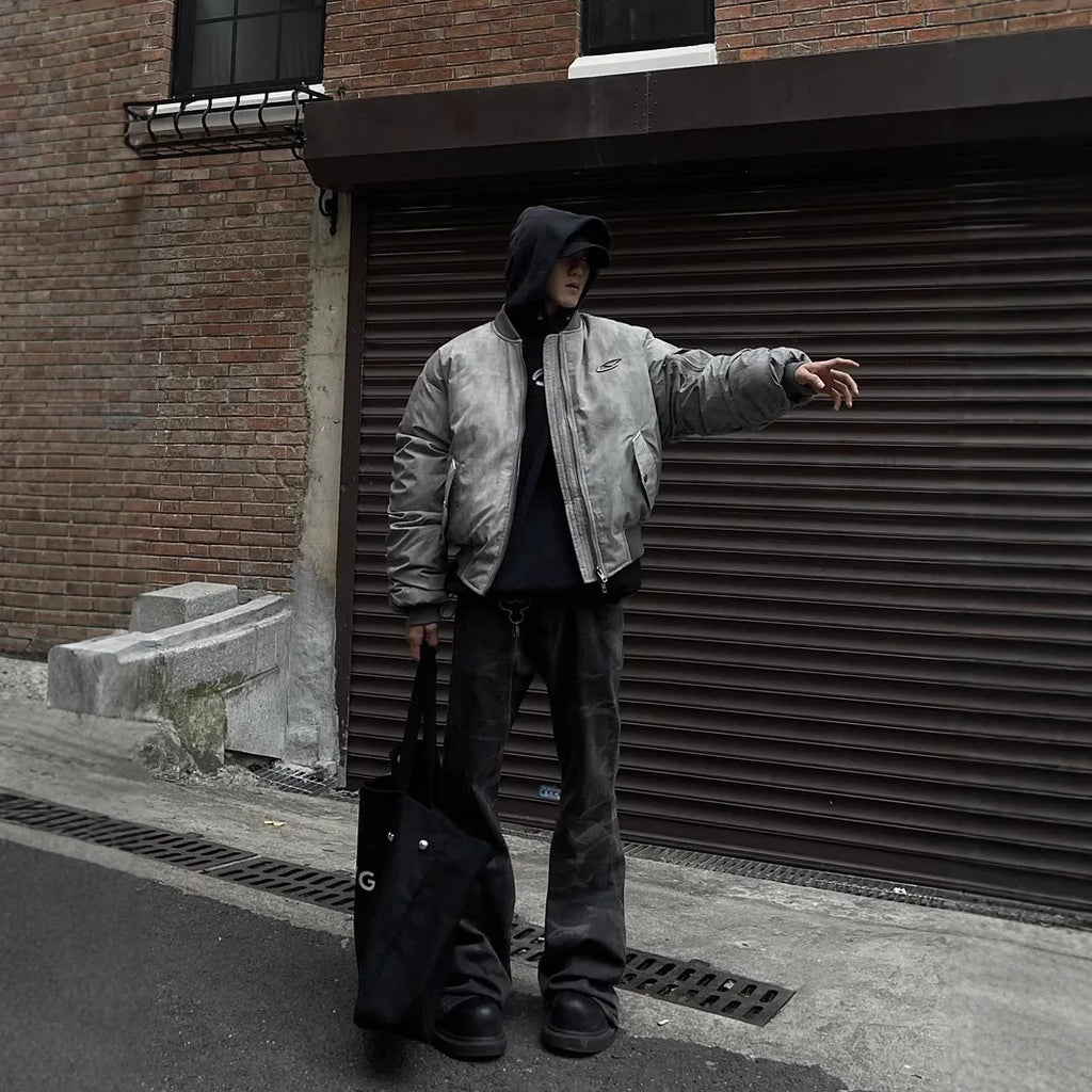 STORESDE Winter Vintage Distressed Style Wrinkle Design Baseball Jacket Cotton American Hip Hop Coat Warm Parka