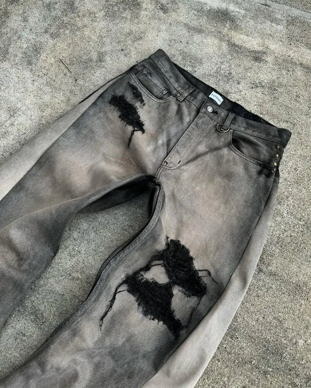 STORESDE American Hip Hop Mens Jeans High Waist Frayed Patchwork Embroidery Micro Flared Jeans Spring Street Clothing Loose Floor Pants