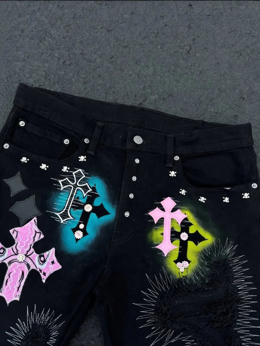 STORESDE Fashion Retro Streetwear Y2K Men Jeans Popular Patch Gothic Punk Style Shorts Embroidered Willow Nail Design Loose Casual Jeans