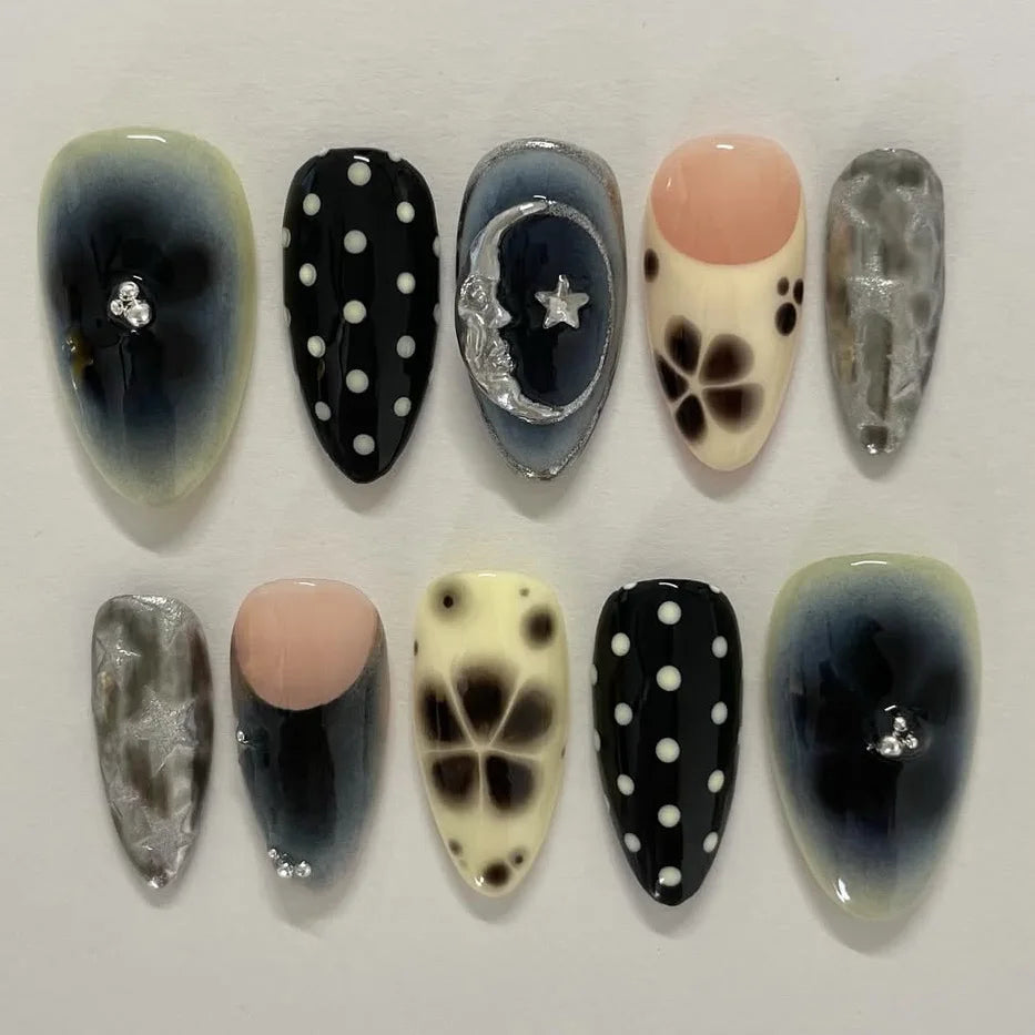 STORESDE 24pcs Smudging Flower Press On Nails Wave Point Designs French Style Almond False Nails Y2k Sweet Cool Fake Nail For Spicy Girls