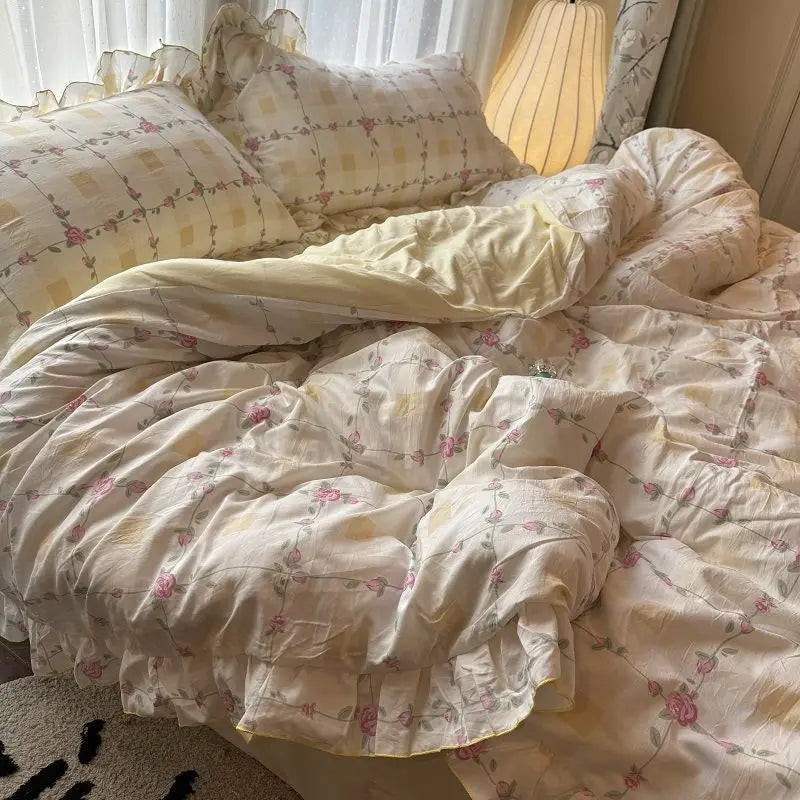STORESDE Korean Princess Duvet Cover Set Skin Friendly Wash Cotton Bedding Set Of Four Pieces Lace Bedin Set Bed Sheets Comforter Cover