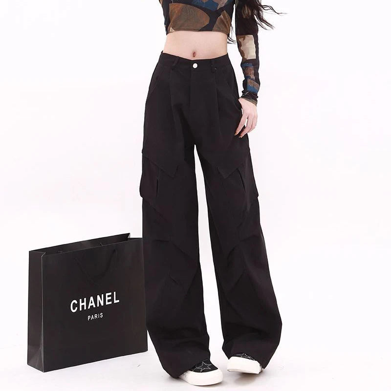 STORESDE High Street Female Straight Leg Trousers Girls Chic Retro High Waist Slacks Lady Fashion Comfortable Baggy Cargo Pants