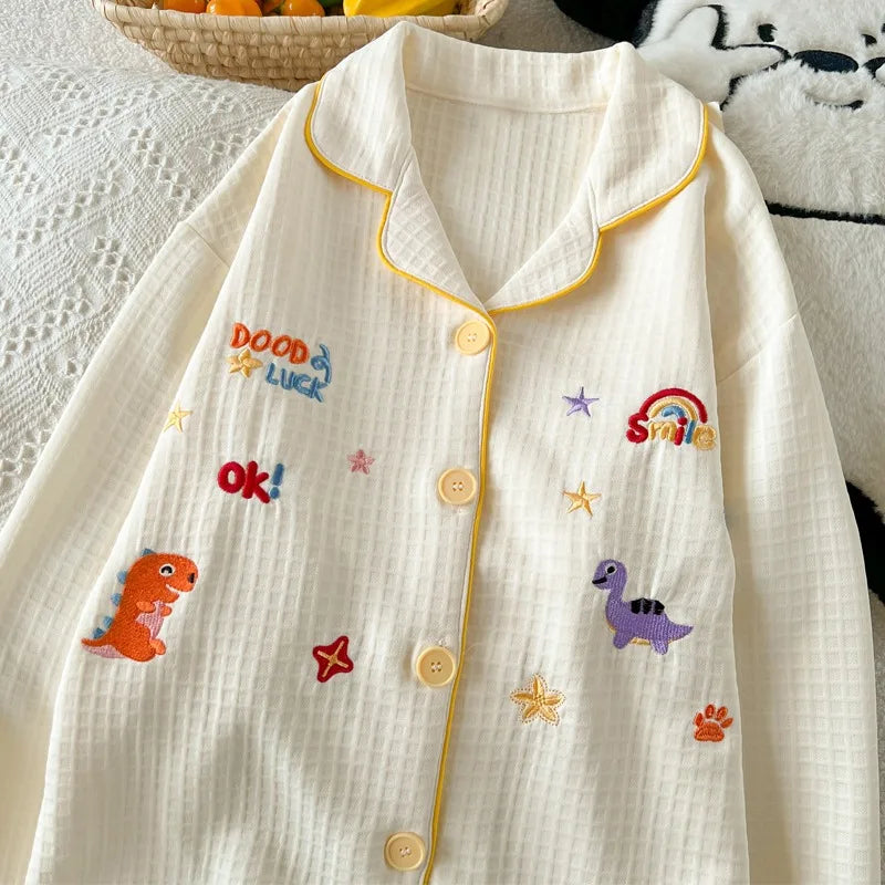 STORESDE Embroidery Letter Cute Cartoon Women's Pajamas Fashion Warm Autumn Winter New Sleepwear Sweet Kawaii Lapel Neck Pajama Sets
