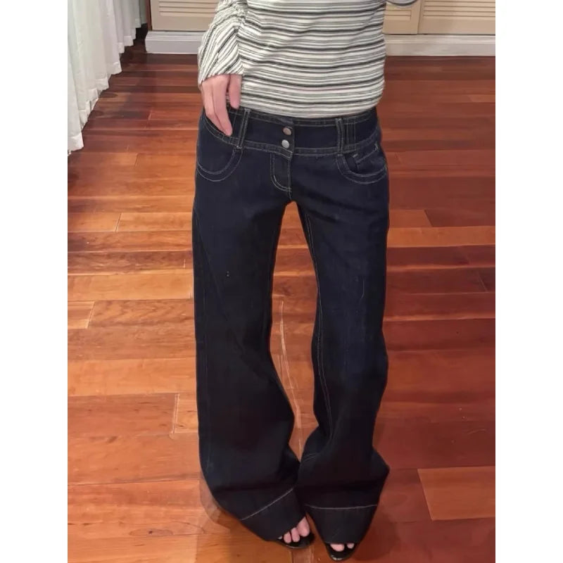 STORESDE Women's American Blue Button Design Jeans Low Waist Straight Leg Loose Wide Leg Drapey Long Pants Y2K Style Slimming Denim
