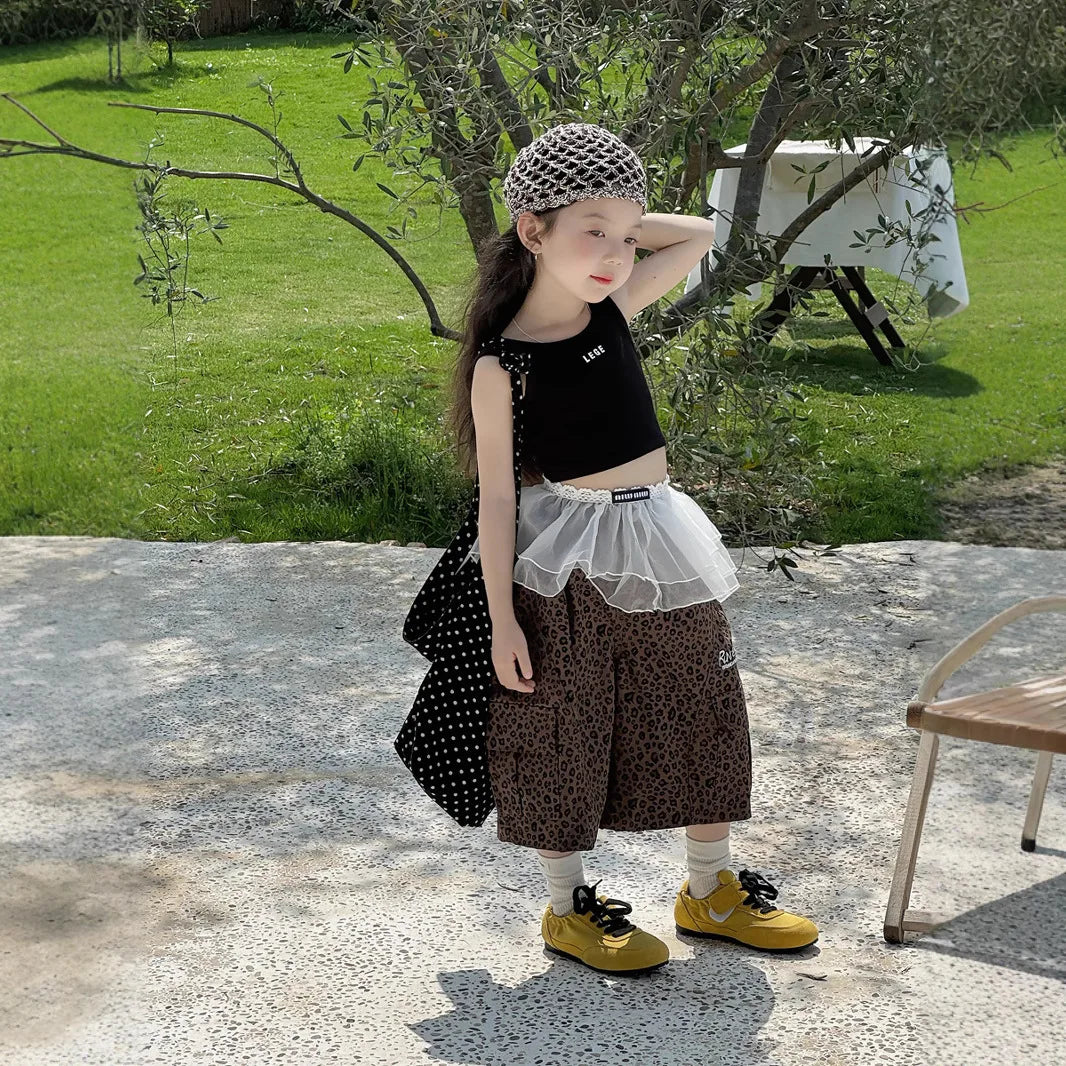 STORESDE Girl Pants 2025 Summer New Childrens Clothing Korean Style Girl Baby Retro Leopard Print Wide Leg Cargo Pants Casual Daily