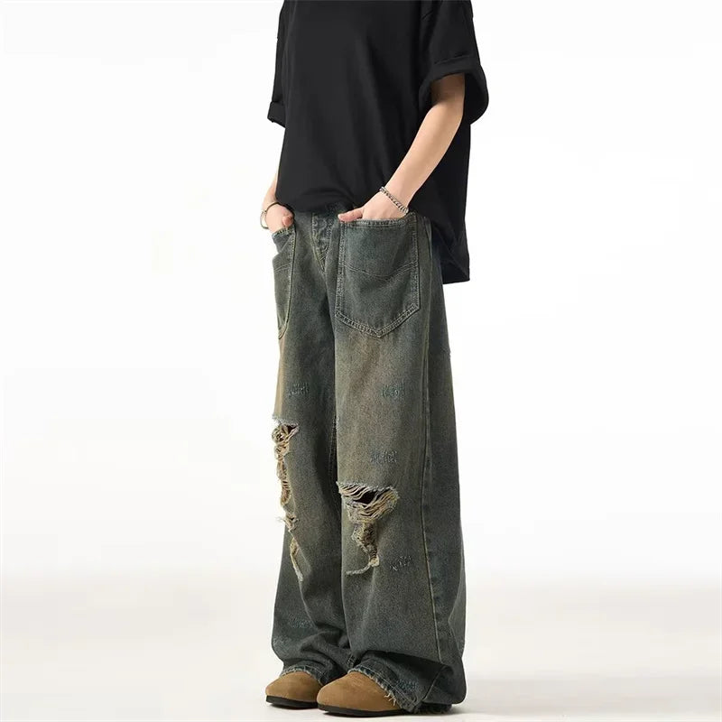 STORESDE Spring American Retro Ripped Wide-leg Jeans For Men High Street Fashion Distressed Baggy Denim Pants 2025 New Casual Y2K Jean