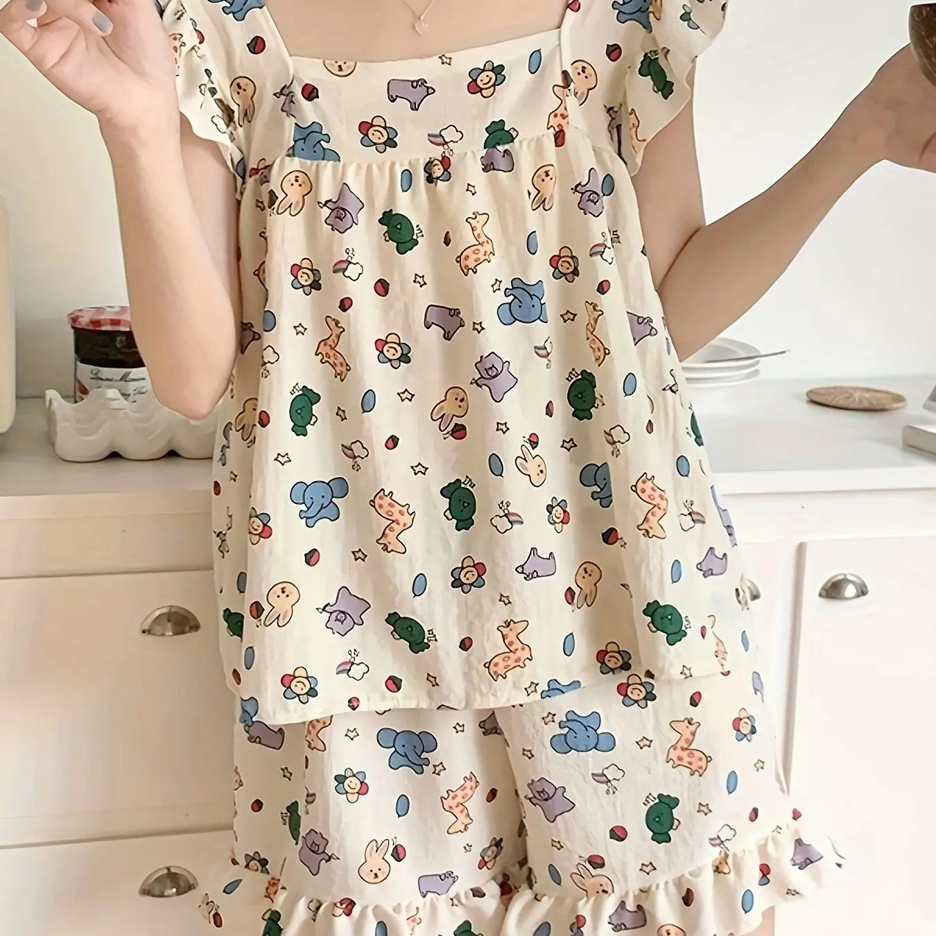 STORESDE Allover Cartoon Print Lounge Set Ladies Summer Cute Ruffle Sleeve Square Neck Top & Shorts Kawaii Women's Loungewear Summer