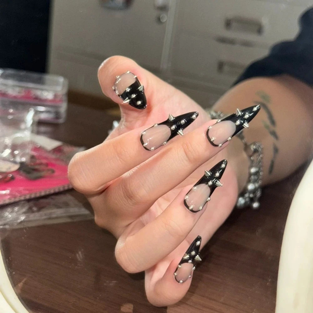 STORESDE Europe America Spice Girl Handmade Long Square Stilettos Fake Nails Metal Rivet Chain Flowers Lips Bowknot Diamond Press On Nail