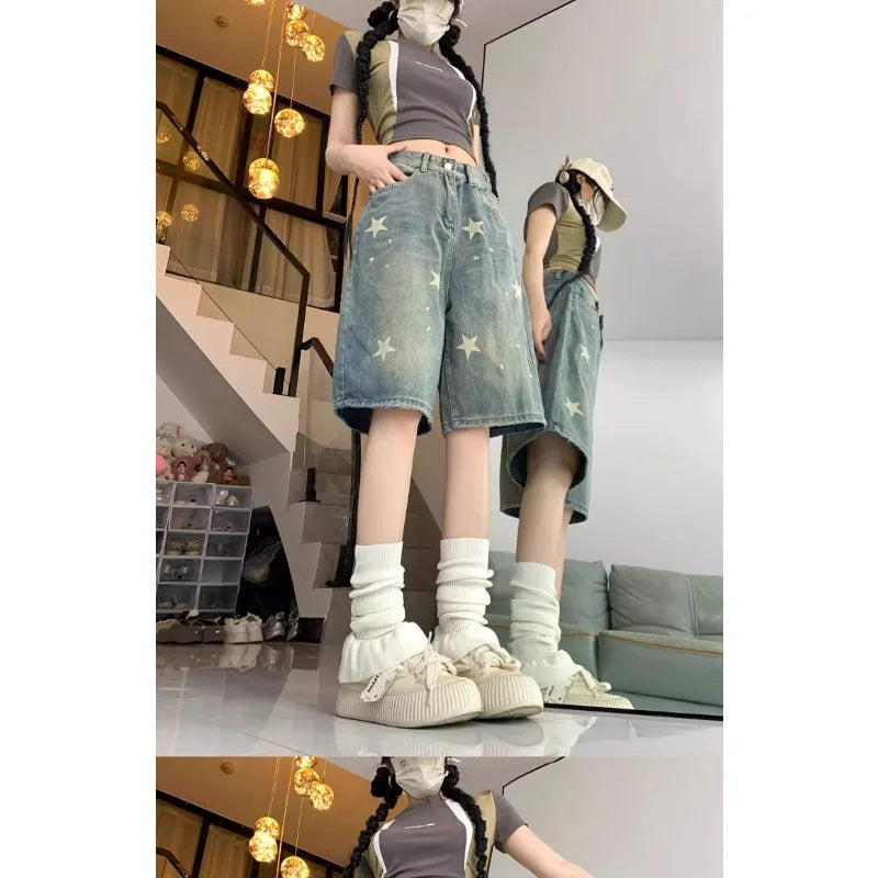 STORESDE Casual Floral Print Loose Wide Leg Womens Jeans New American Retro Star Design Straight Leg Comfort Stretch Soft Denim Shorts