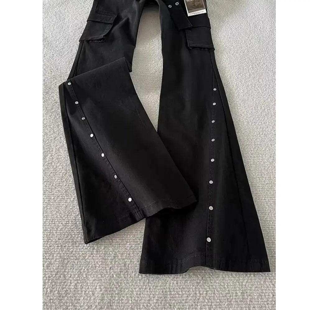 STORESDE Autumn American Retro Dark Gothic Jeans Women High-street Mid-rise Rivet-decorated Flared Pants Y2K 2000s Aesthetic Cargo Pants