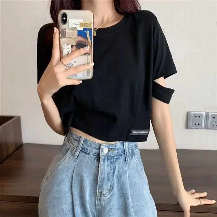 STORESDE New Style Sensible Design Short Sleeve Women's T-Shirt Summer Korean Trendy Niche Cropped High-Waisted Exposed Midsection Loose-