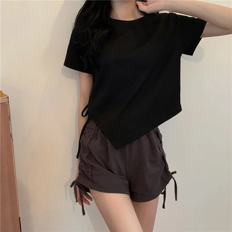 STORESDE Slit Bandage V Neck Sexy Crop Top Women Korean Casual Summer New Short Sleeve T-shirt Y2K Streetwear Trendy Top for Women