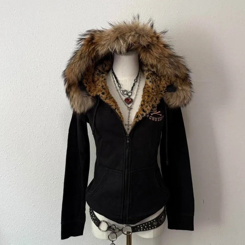 STORESDE American New Skull Embroidery Super Leopard Hooded Sweater Women Y2K Gothic Hip Hop Popular Casual Joker Sweatshirt