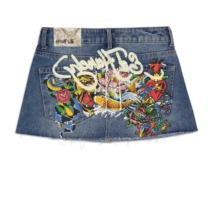 STORESDE Y2K Street Vintage is a fashionable short skirt Harajuku gothic hip hop letter print vintage blue denim skirt