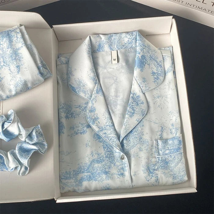 STORESDE 2026 New Ice Silk 2 Pieces Pajamas for Women Autumn Spring Women's Pajamas Set Elegant Ptinting Flower Home Wear Soft Sleepwear
