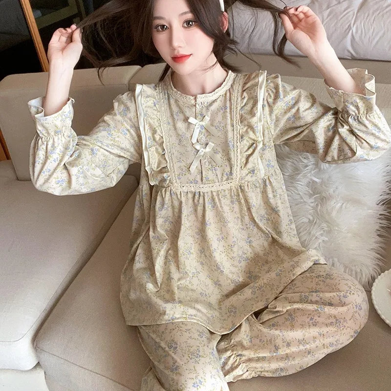 STORESDE Ladies Pajamas Garden Style Student Casual Long Sleeve Pants Two-Piece Bow Set Nightwear Women Four Season Academic Atmosphere