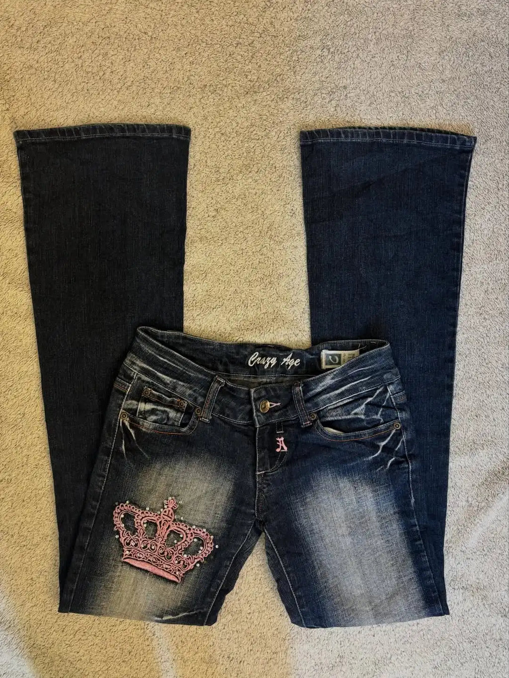 STORESDE New Baggy Slim Fit Denim Jeans Women Crown Diamond High Waist Casual Y2K Graphic Japanese Streetwear Vintage Washed Pants Women