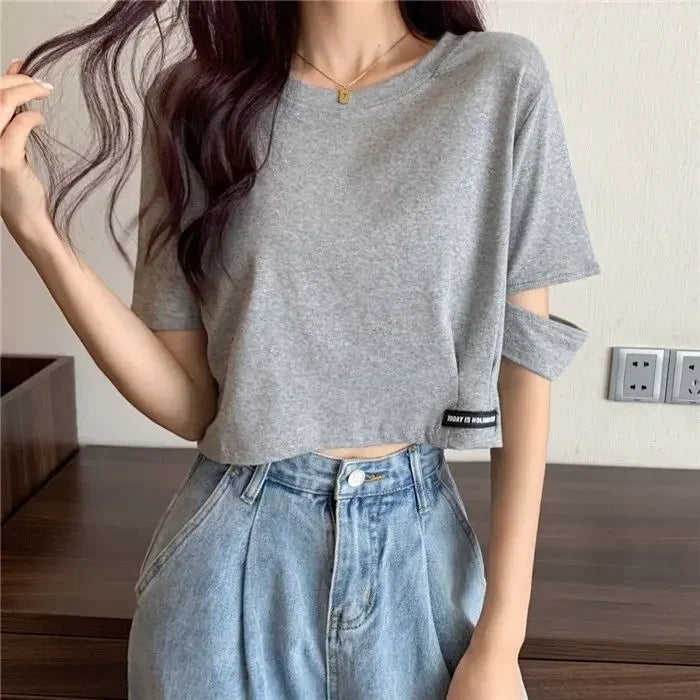 STORESDE New Style Sensible Design Short Sleeve Women's T-Shirt Summer Korean Trendy Niche Cropped High-Waisted Exposed Midsection Loose-