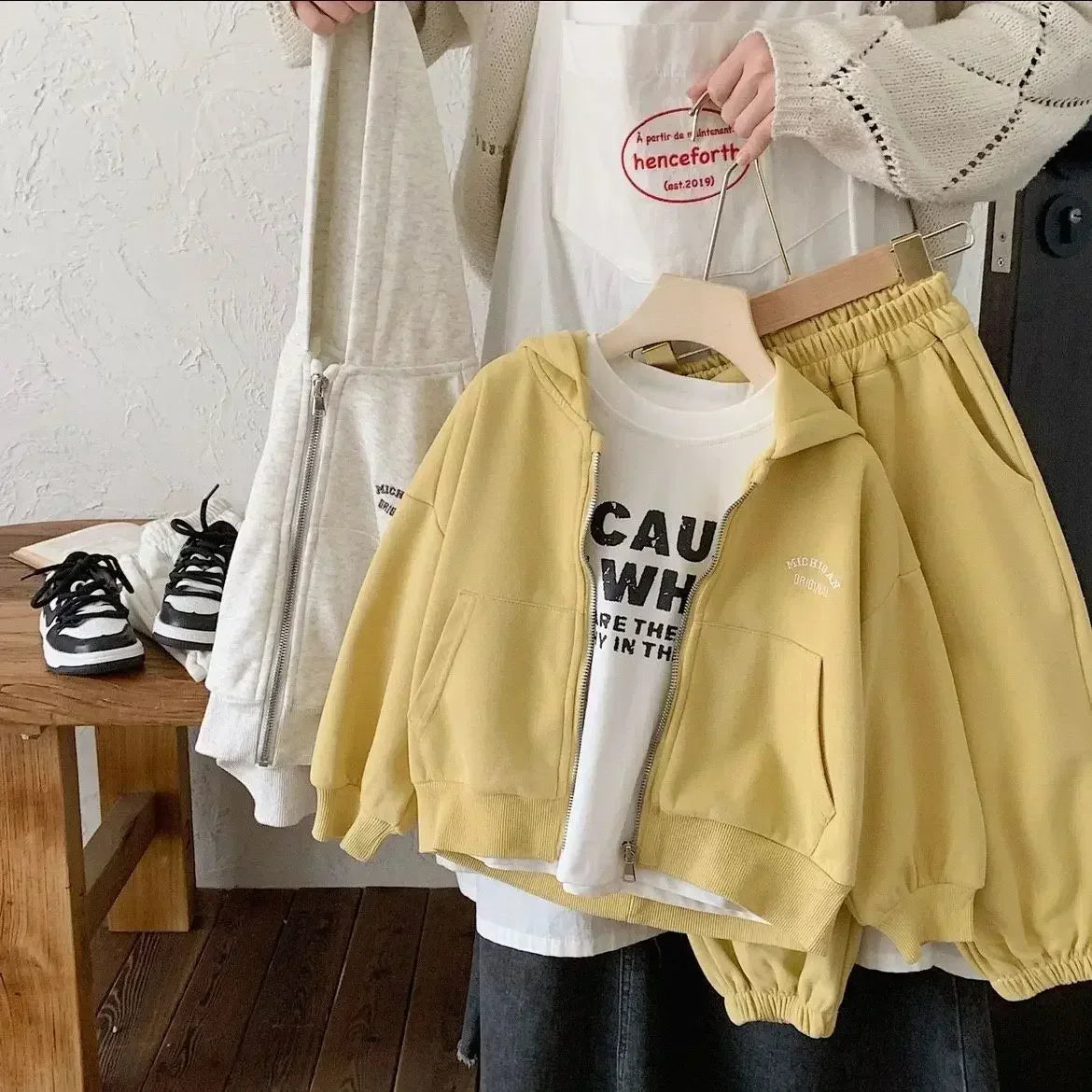 STORESDE High Quality Children's Composite Cotton Set 2026 Spring Autumn New Korean Girl Boys Letter Baby Casual Hooded Sports 2pcs Set