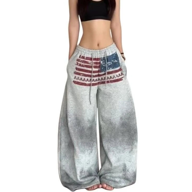 STORESDE 2025 New Autumn American Design Flame Print Drawstring Wide-leg Casual Sweatpants for Men and Women Loose Pink Fashion Trousers